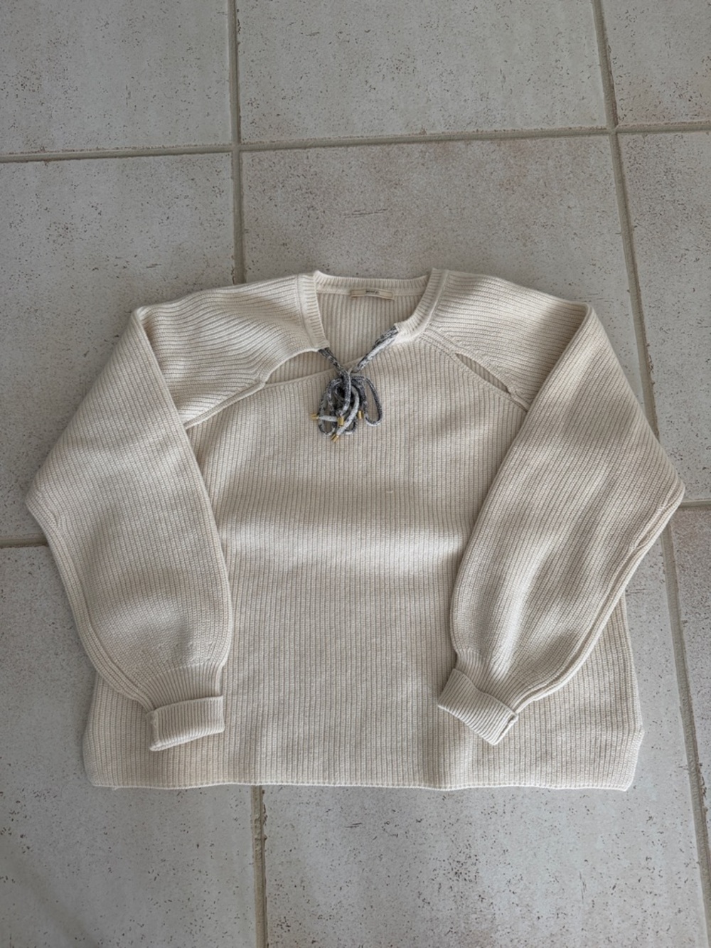 Women's Cream Ribbed Crewneck Sweater with Tie Detail